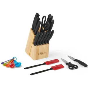 Farberware 22-Piece Never Needs Sharpening Triple Rivet High-Carbon Stainless Steel Knife Block and Kitchen Tool Set, Black