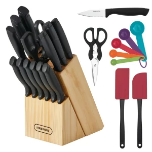 Farberware 22-Piece Never Needs Sharpening Triple Rivet High-Carbon Stainless Steel Knife Block and Kitchen Tool Set, Black