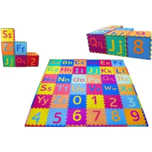 KC Cubs Soft & Safe Non-Toxic Children’s Interlocking Multicolor Exercise Puzzle Educational ABC Alphabet EVA Play Foam Mat for Kid’s Floor & Baby Nursery Room, 36 Tiles, 9 Colors, 54 Borders