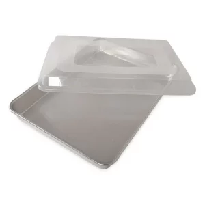 Nordic Ware Naturals Aluminum High sided Sheet Cake Pan with plastic lid 18.3″ x 13.1″ x 3.1″, Silver