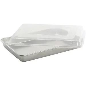 Nordic Ware Naturals Aluminum High sided Sheet Cake Pan with plastic lid 18.3″ x 13.1″ x 3.1″, Silver